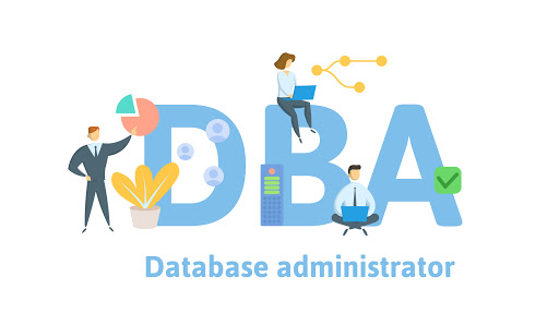 DBA, Database Administrator. Concept with people, letters and icons. Colored flat vector illustration. Isolated on white background.